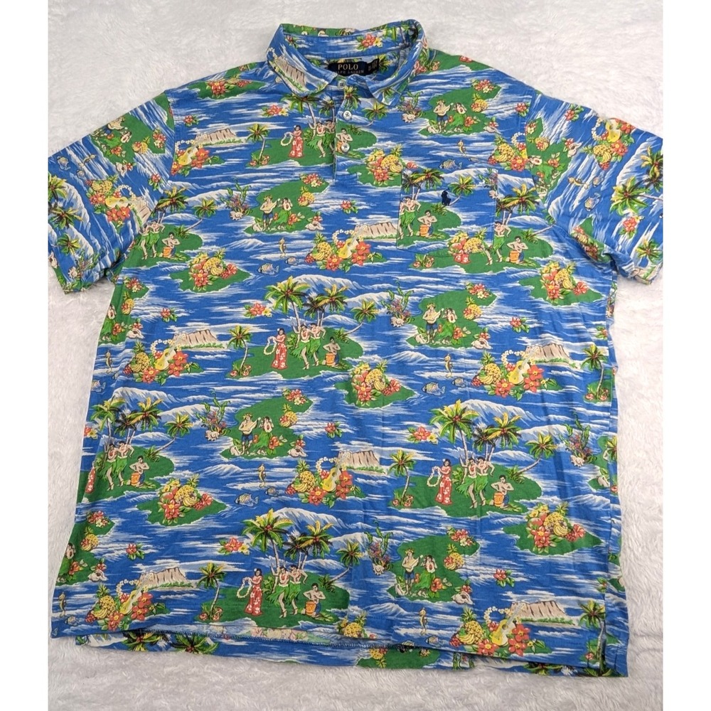 Ralph Lauren Polo Shirt Men's XL Blue Orange Hula Girl Hawaiian Island Tropic